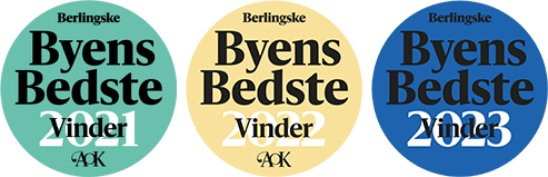 Mærkater, der viser Gentofte KIno blev kåret til Byens Bedste Biograf af Berlingske i 2021, 2022 og 20,23